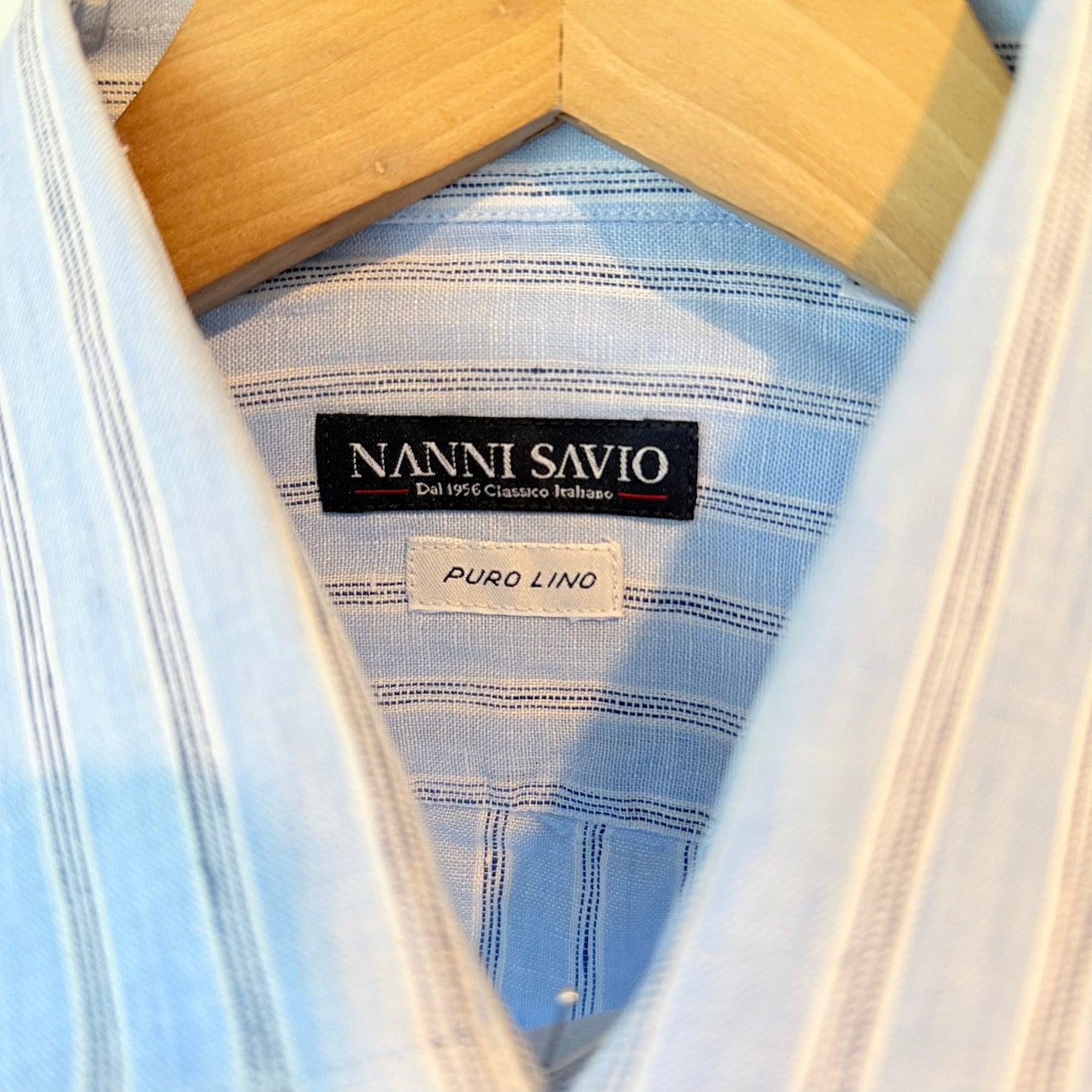Nanni Savio Body Slim 100% Linen Shirt Light Blue Stripe - Size 40