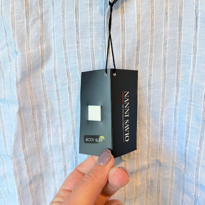 Nanni Savio Body Slim 100% Linen Shirt Light Blue Stripe - Size 40