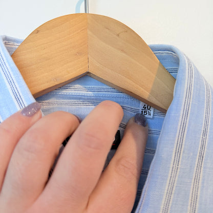 Nanni Savio Body Slim 100% Linen Shirt Light Blue Stripe - Size 40