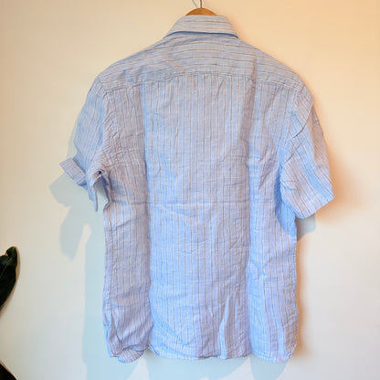 Nanni Savio Body Slim 100% Linen Shirt Light Blue Stripe - Size 40
