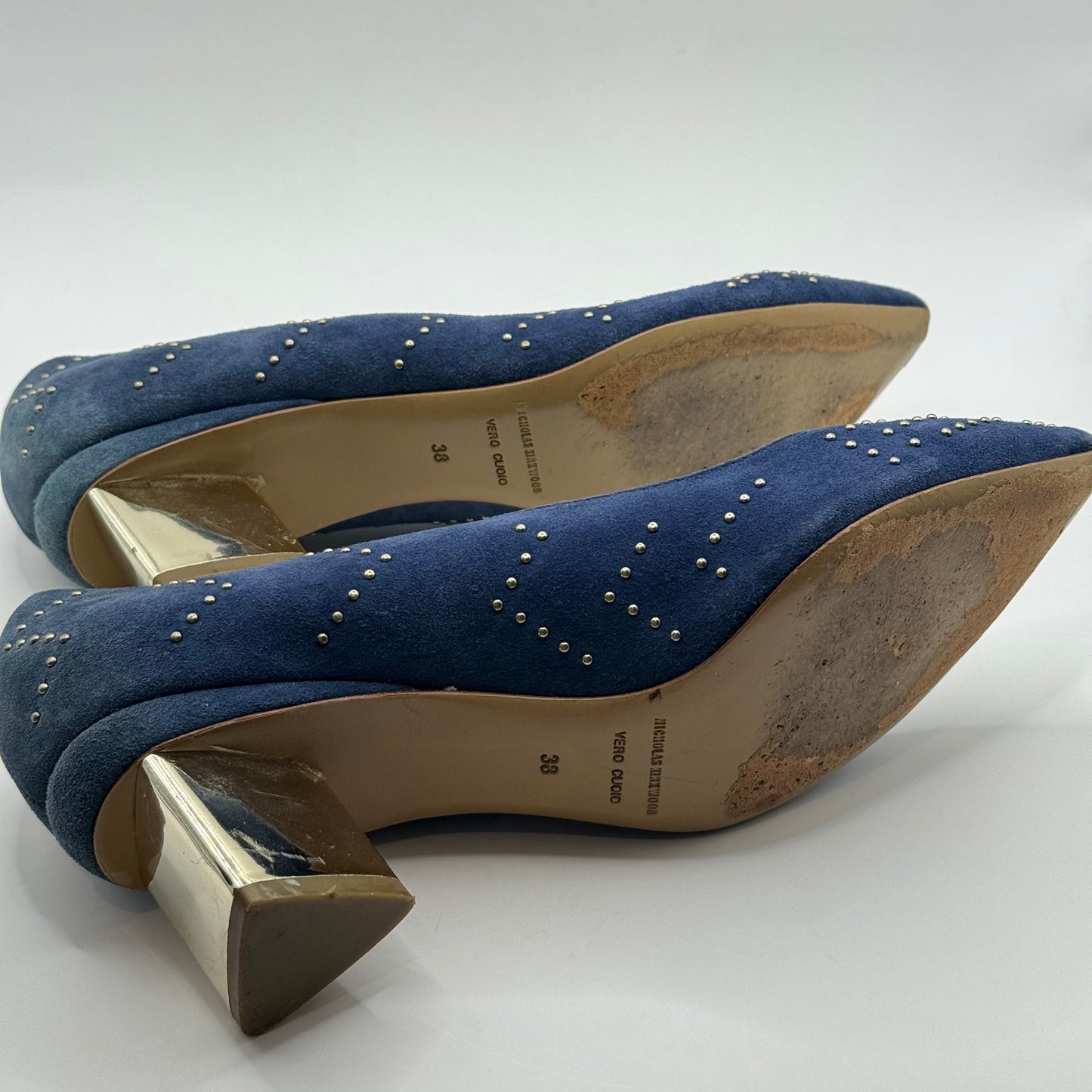 Nicholas Kirkwood Blue Suede Studded Block Heels - Size 38