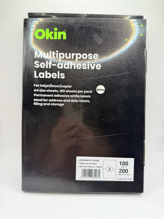 Okin multipurpose self-adhesive labels - white 2 labels per a4 sheet - labels & tags stationery