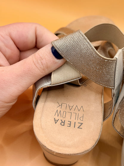 Ziera Ulmer Gold Cross-Strap Sandals, Size 37 (Wide)