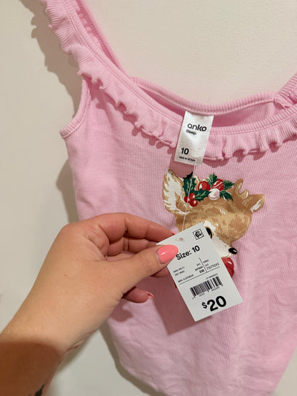 Anko Sleep Pink Christmas Reindeer Ribbed Pyjama Tank Top Size 10