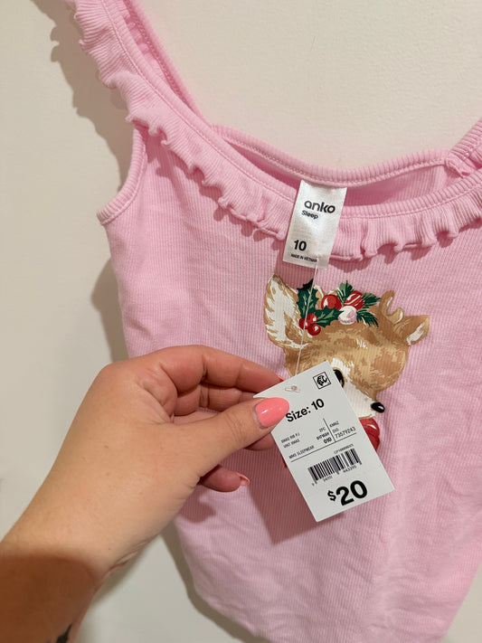 Anko Sleep Pink Christmas Reindeer Ribbed Pyjama Tank Top Size 10