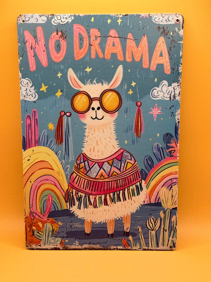 Retro Metal Wall Sign — "No Drama" Llama in Sunglasses