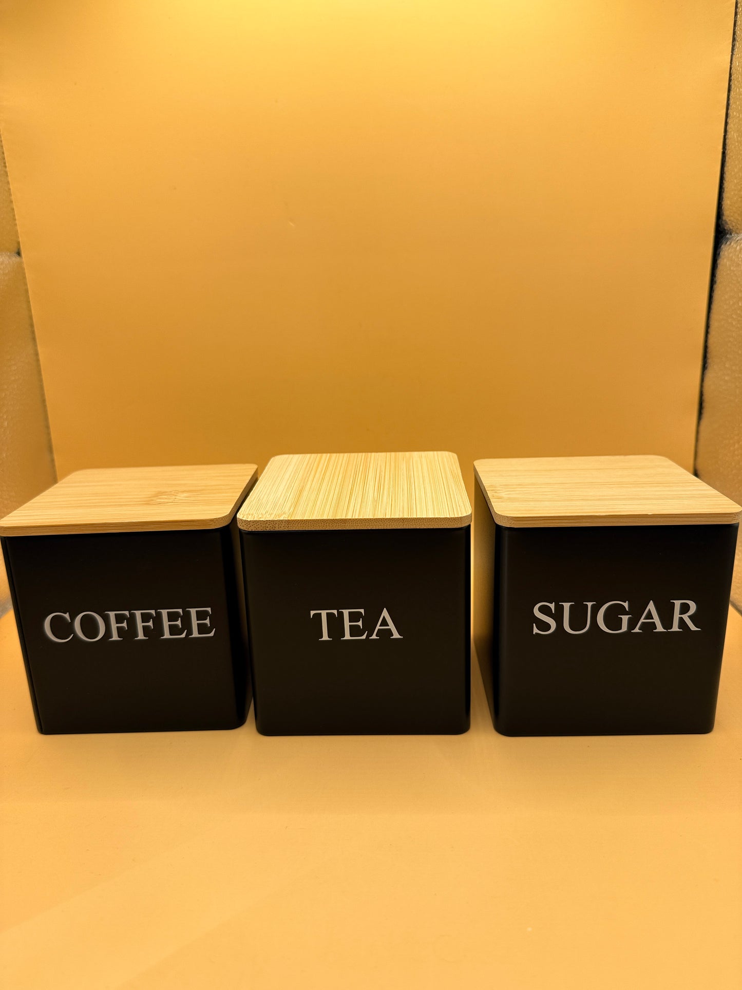 Coffee, Tea & Sugar Canister Set — Black with Bamboo Lids