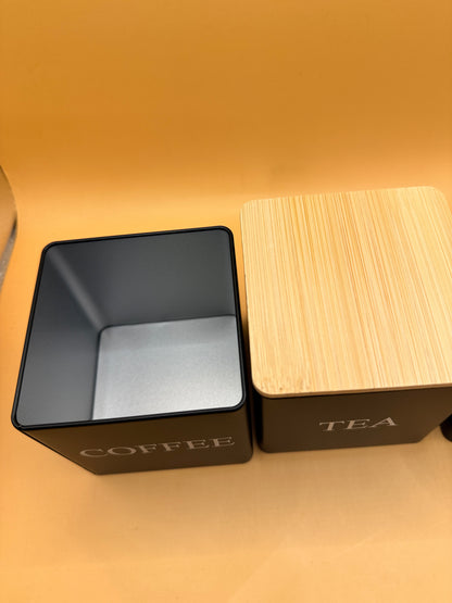 Coffee, Tea & Sugar Canister Set — Black with Bamboo Lids
