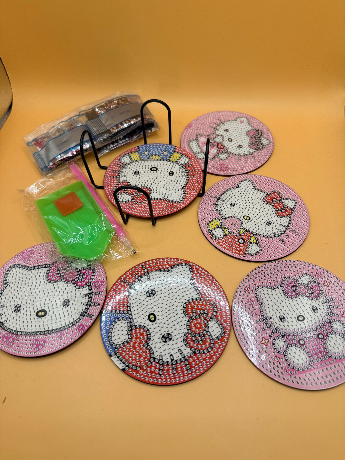 Hello Kitty Diamond Painting Coaster Set — 6 Designs with Rack