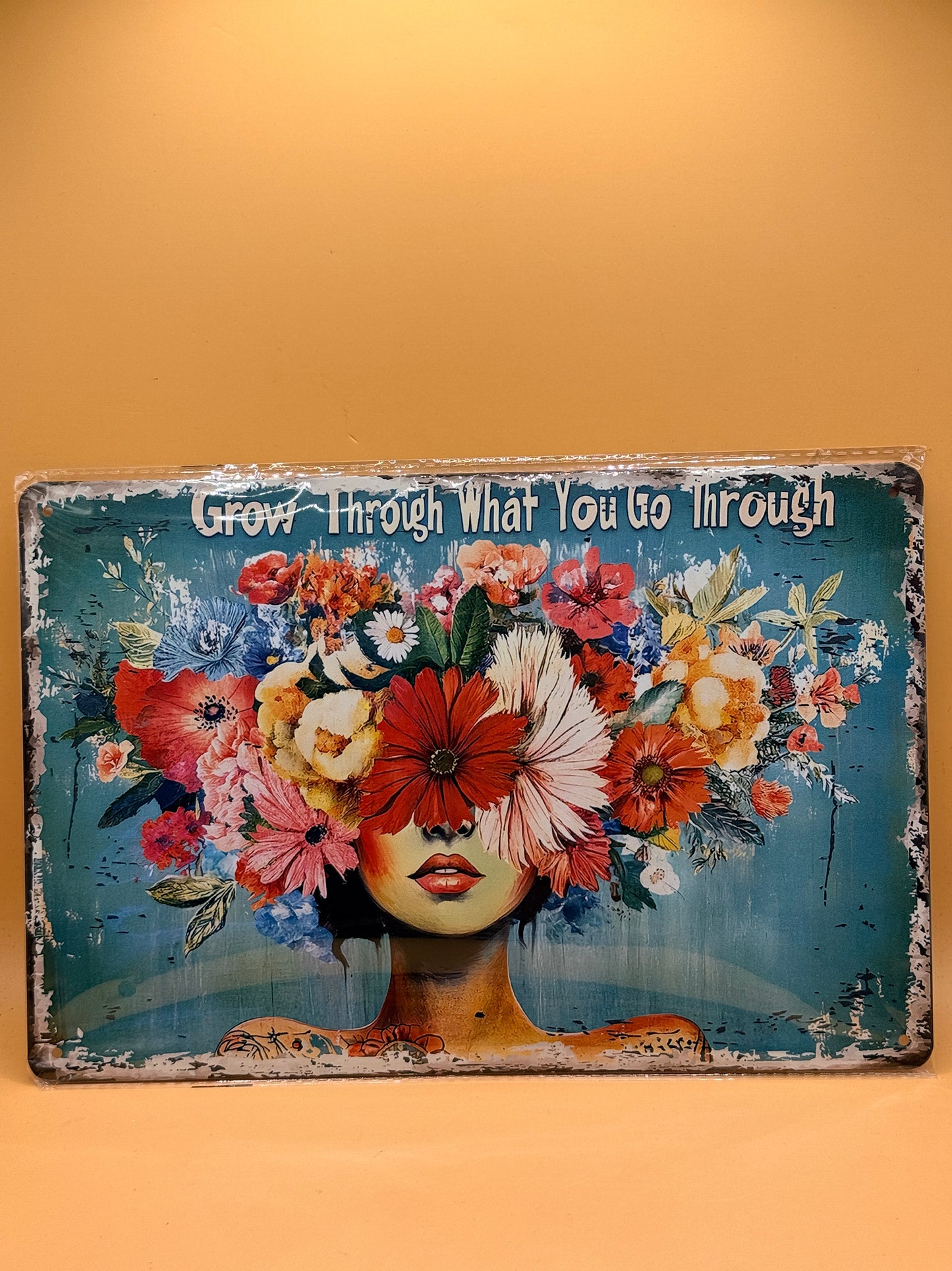 Metal Wall Sign — "Grow Through What You Go Through" Floral Art