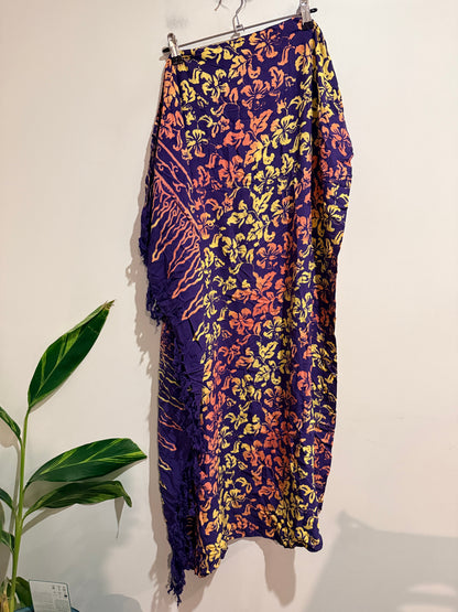 Purple Floral Batik Sarong Wrap with Fringed Edge