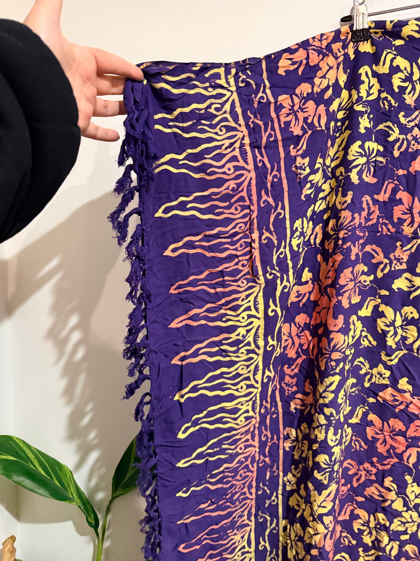 Purple Floral Batik Sarong Wrap with Fringed Edge