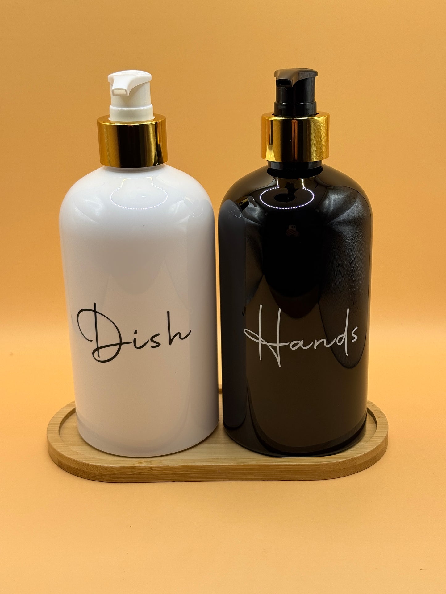 Black & White Dish Soap and Hand Soap Dispenser Set with Bamboo Tray