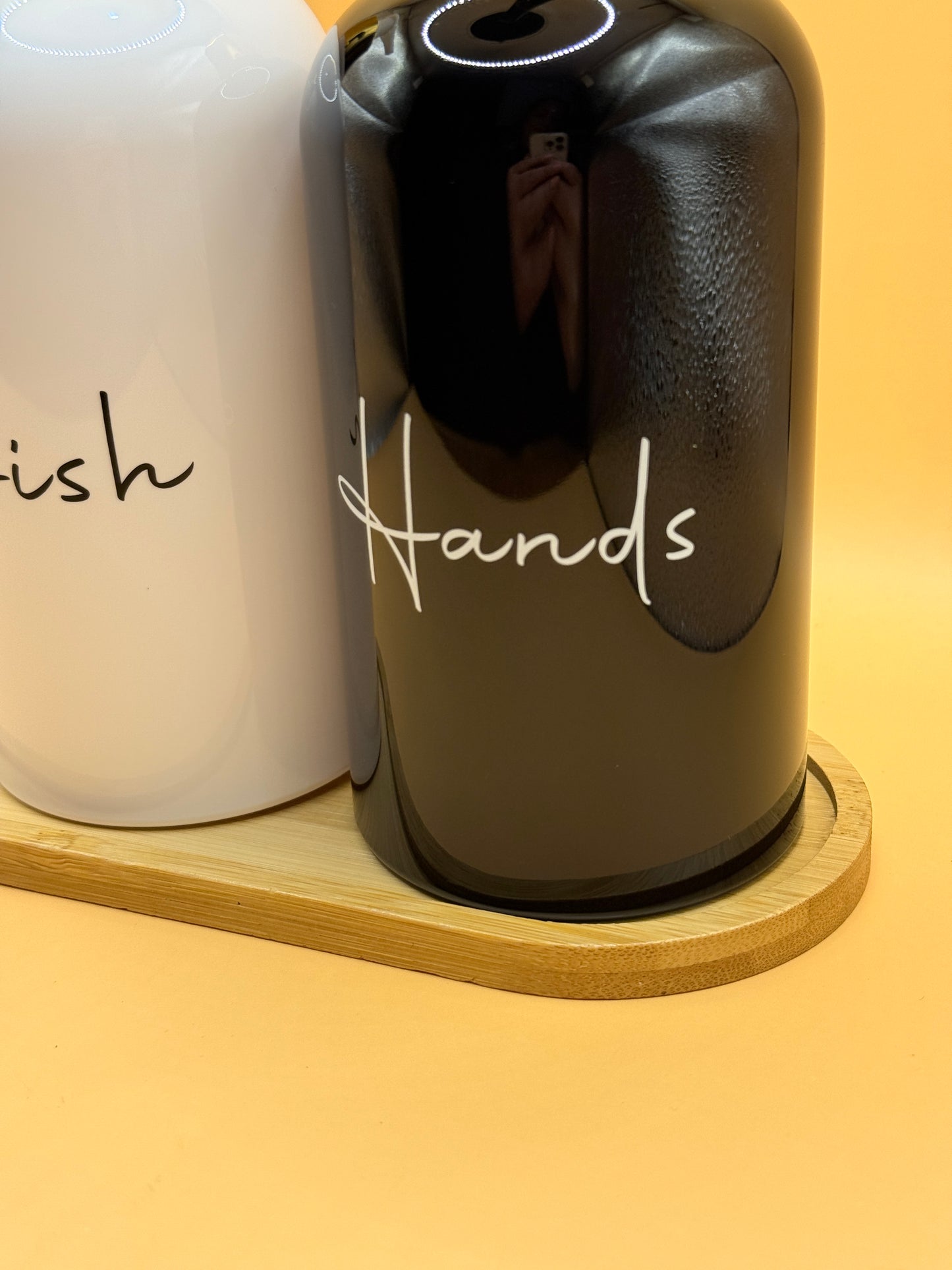 Black & White Dish Soap and Hand Soap Dispenser Set with Bamboo Tray