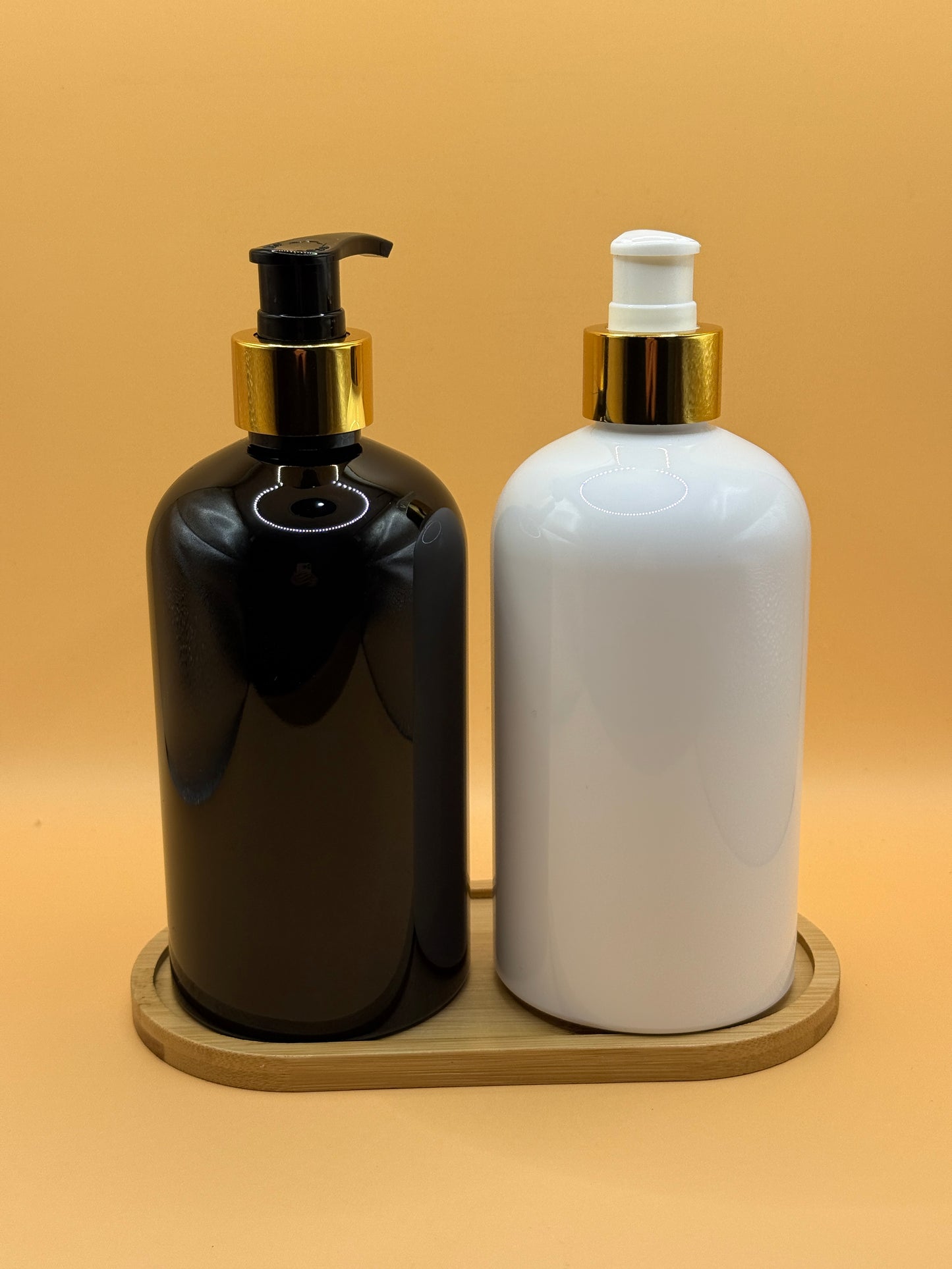 Black & White Dish Soap and Hand Soap Dispenser Set with Bamboo Tray