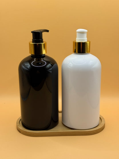 Black & White Dish Soap and Hand Soap Dispenser Set with Bamboo Tray