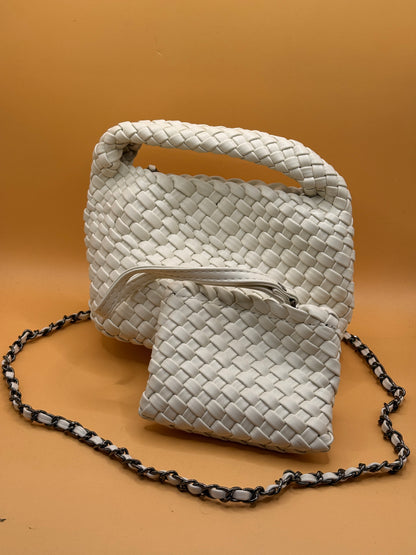 White Woven Handbag with Chain Strap and Coin Pouch
