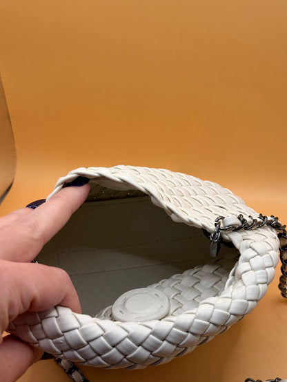 White Woven Handbag with Chain Strap and Coin Pouch