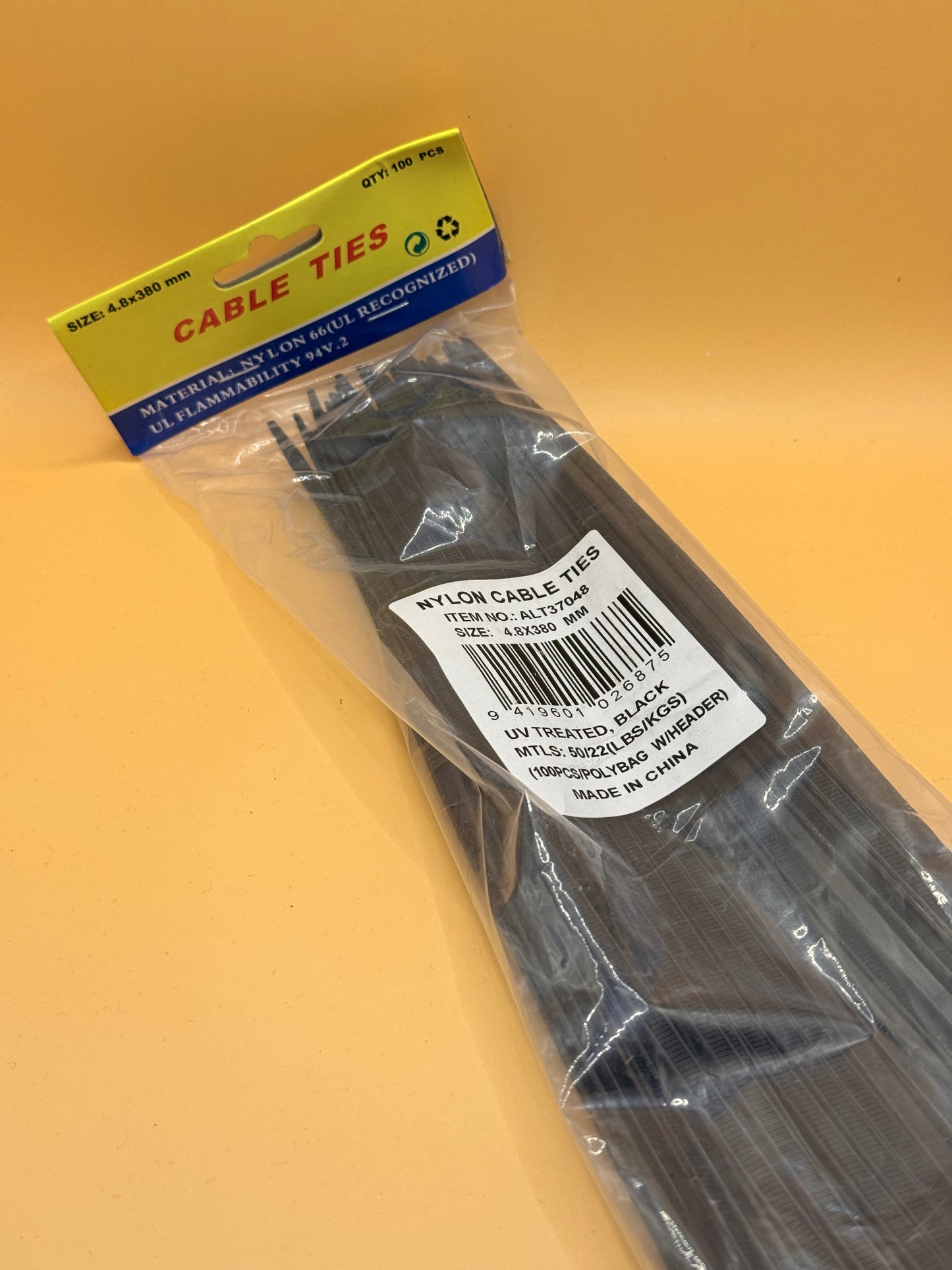 Black Nylon Cable Ties – 4.8 x 380mm, Pack of 100