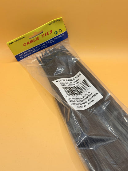 Black Nylon Cable Ties – 4.8 x 380mm, Pack of 100