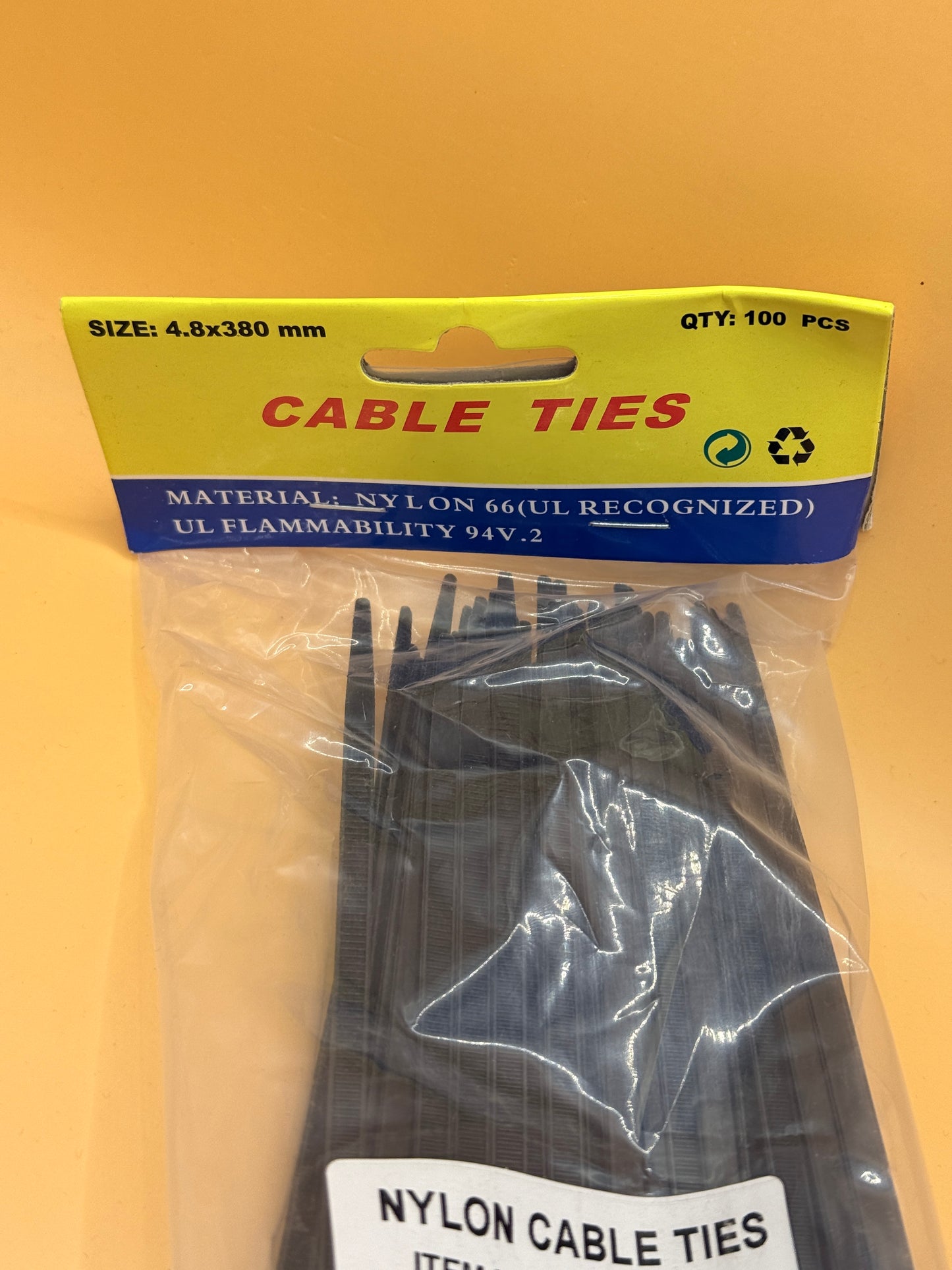 Black Nylon Cable Ties – 4.8 x 380mm, Pack of 100