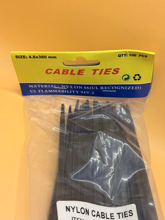Black Nylon Cable Ties – 4.8 x 380mm, Pack of 100