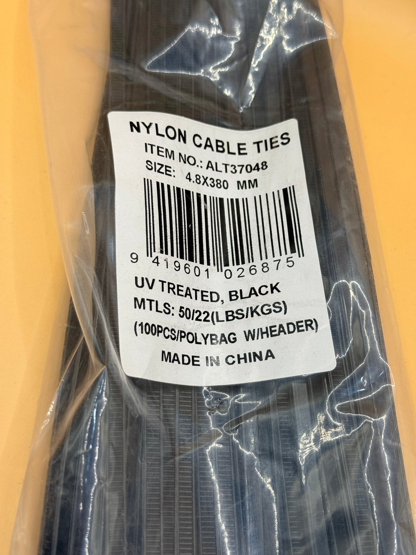 Black Nylon Cable Ties – 4.8 x 380mm, Pack of 100