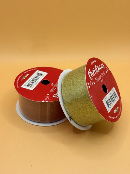 Artwrap Christmas Ribbon Rolls – Copper & Gold Glitter, 2m (Set of 2)
