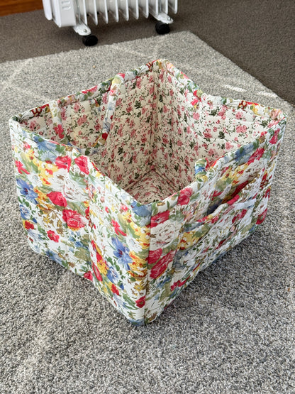 XL Quilted Floral Fabric Storage Basket with Dual Handles