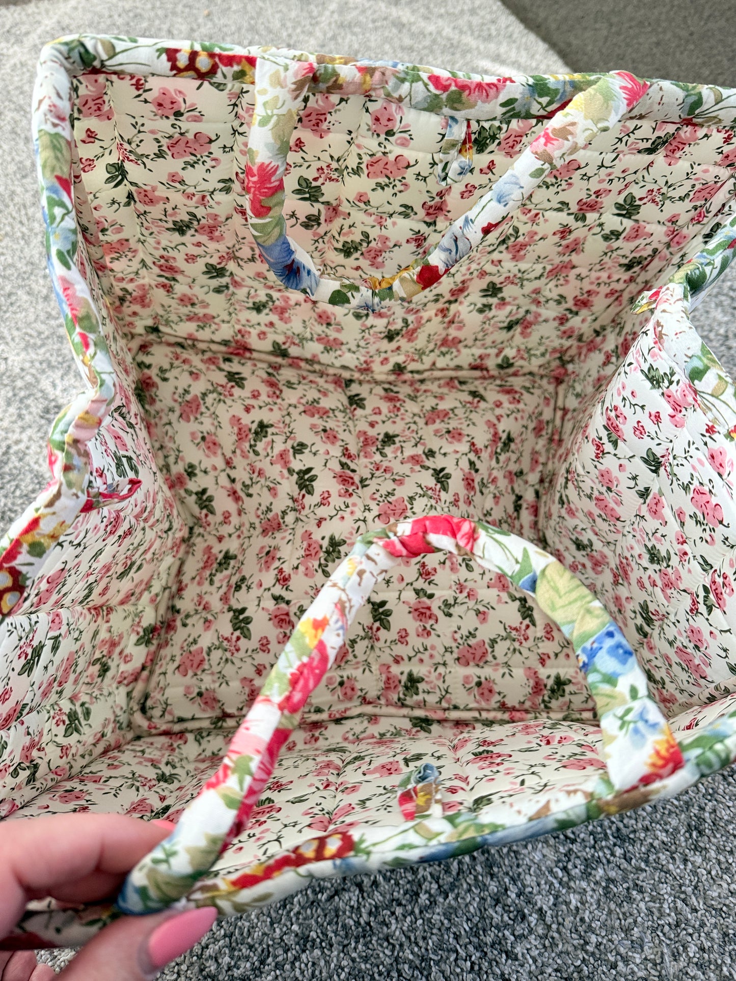 XL Quilted Floral Fabric Storage Basket with Dual Handles