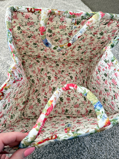 XL Quilted Floral Fabric Storage Basket with Dual Handles