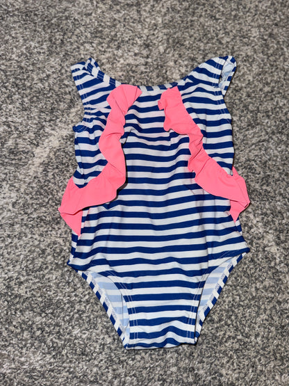 Girls Navy/White Striped Frill One-Piece Swimsuit Size 0
