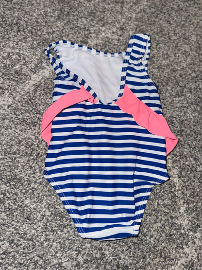 Girls Navy/White Striped Frill One-Piece Swimsuit Size 0