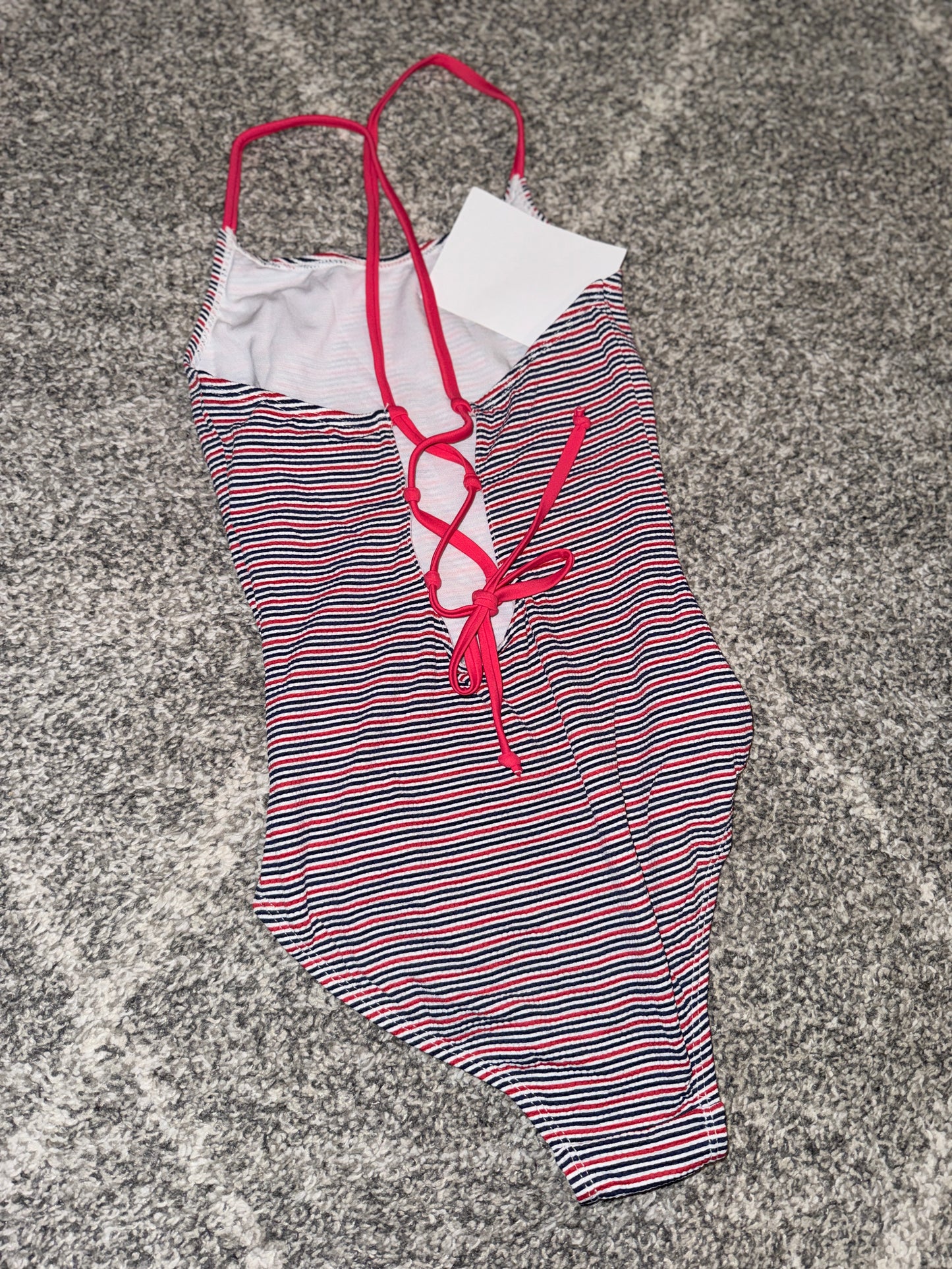 Girls Navy Red Stripe Tie-Front Swimsuit - Size 10