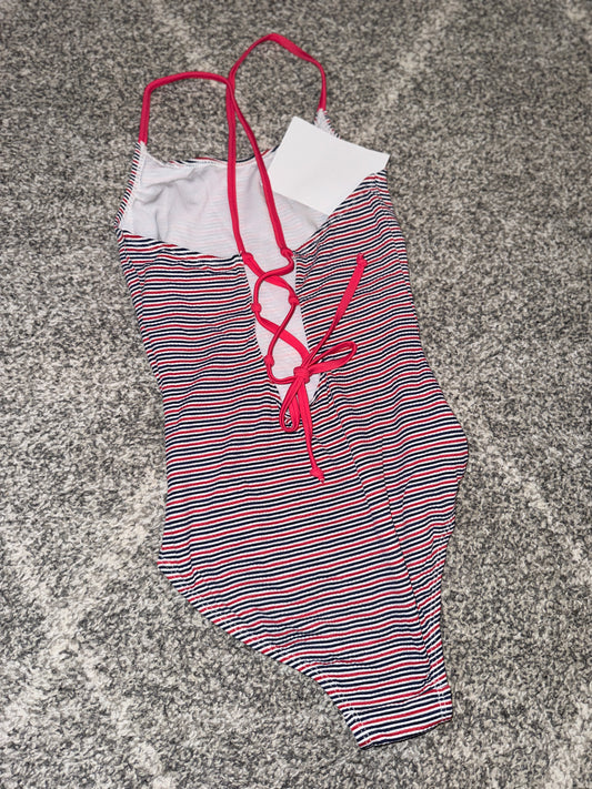 Girls Navy Red Stripe Tie-Front Swimsuit - Size 10