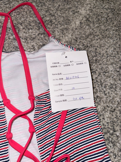 Girls Navy Red Stripe Tie-Front Swimsuit - Size 10