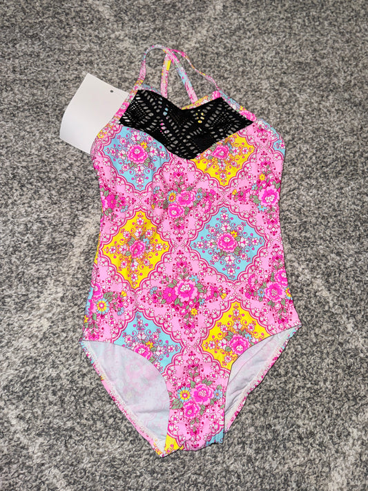 Girls Milkshake Print Crochet-Trim Swimsuit - Size 5