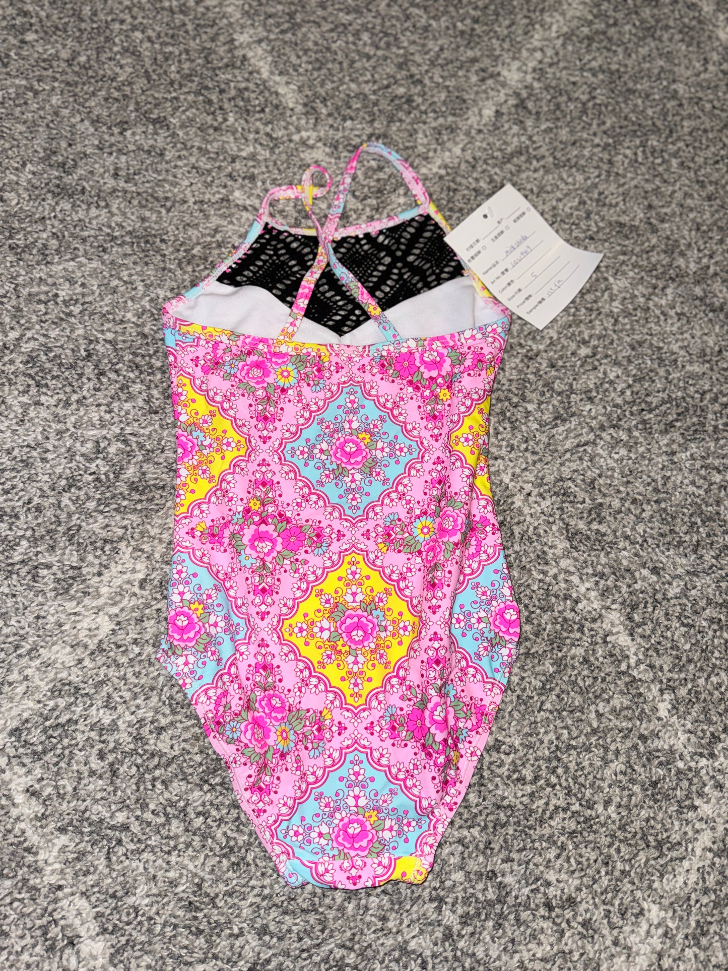 Girls Milkshake Print Crochet-Trim Swimsuit - Size 5