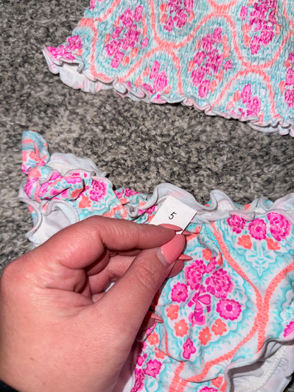 Pink Blue Damask Print Bikini Set - Size 5