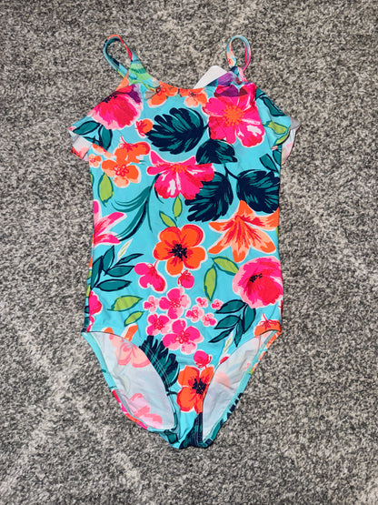 Turquoise Tropical Floral Frill Swimsuit - Size 5