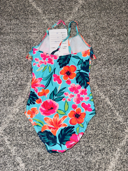 Turquoise Tropical Floral Frill Swimsuit - Size 5