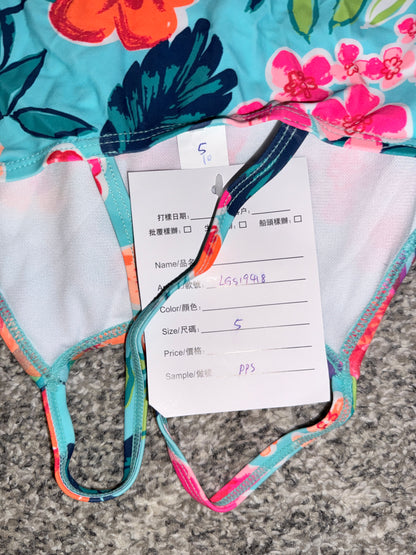 Turquoise Tropical Floral Frill Swimsuit - Size 5