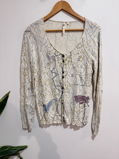 White Stuff Printed Button Cardigan Cream Map Print - Size 12
