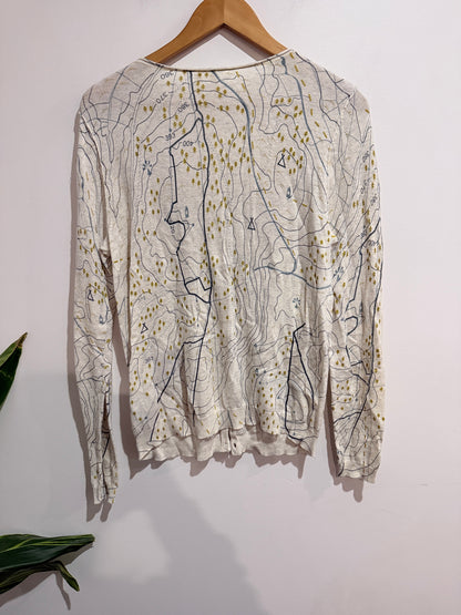 White Stuff Printed Button Cardigan Cream Map Print - Size 12