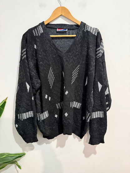 L’Affaire (NZ) Geometric V-Neck Knit Jumper Black - Size XXL