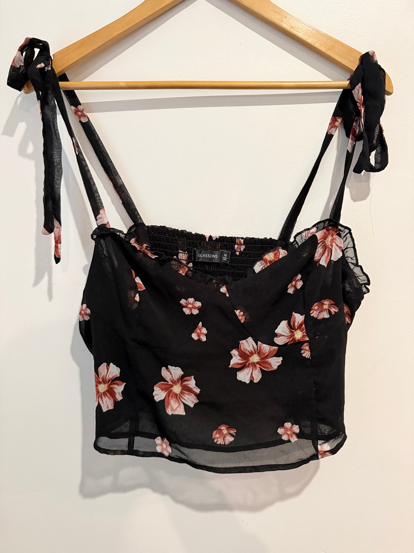 Glassons Black Floral Tie-Strap Crop Top - Size 16