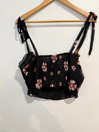 Glassons Black Floral Tie-Strap Crop Top - Size 16