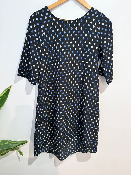 Glassons Black & Blue Diamond Print Shift Dress - Size 6