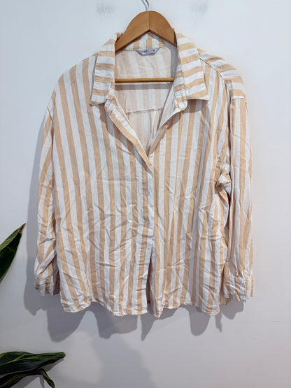 Spirit Viscose Linen Blend Striped Button-Up Shirt - Size 12