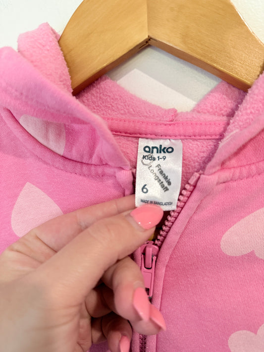 Anko Kids Heart Print Zip Hoodie - Pink - Size 6